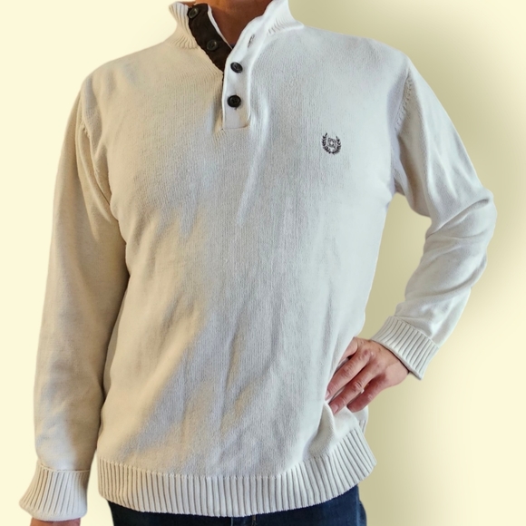 Ralph Lauren Chaps Pullover Sweater w Placket Front, Faux Suede Trim - Picture 1 of 7